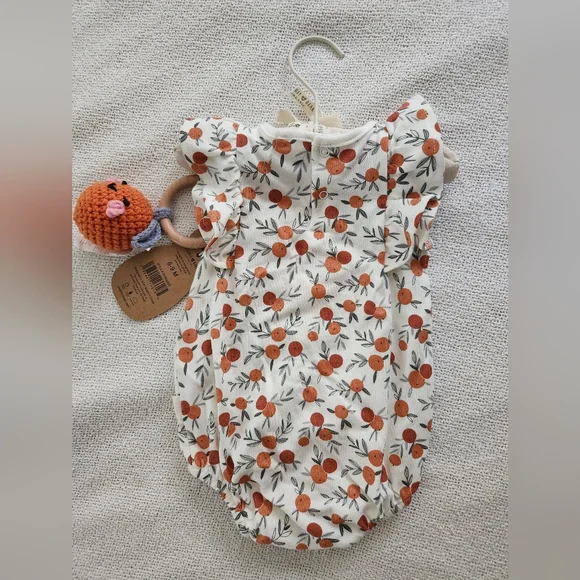Rabbit & Bear Orange Print Baby Romper W/Rattle - Picture 2 of 5
